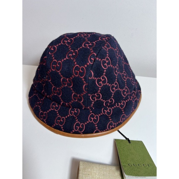 NWT GUCCI GG Supreme Monogram Leather Wool Bucket Hat S 57 cm UNISEX - Picture 1 of 6